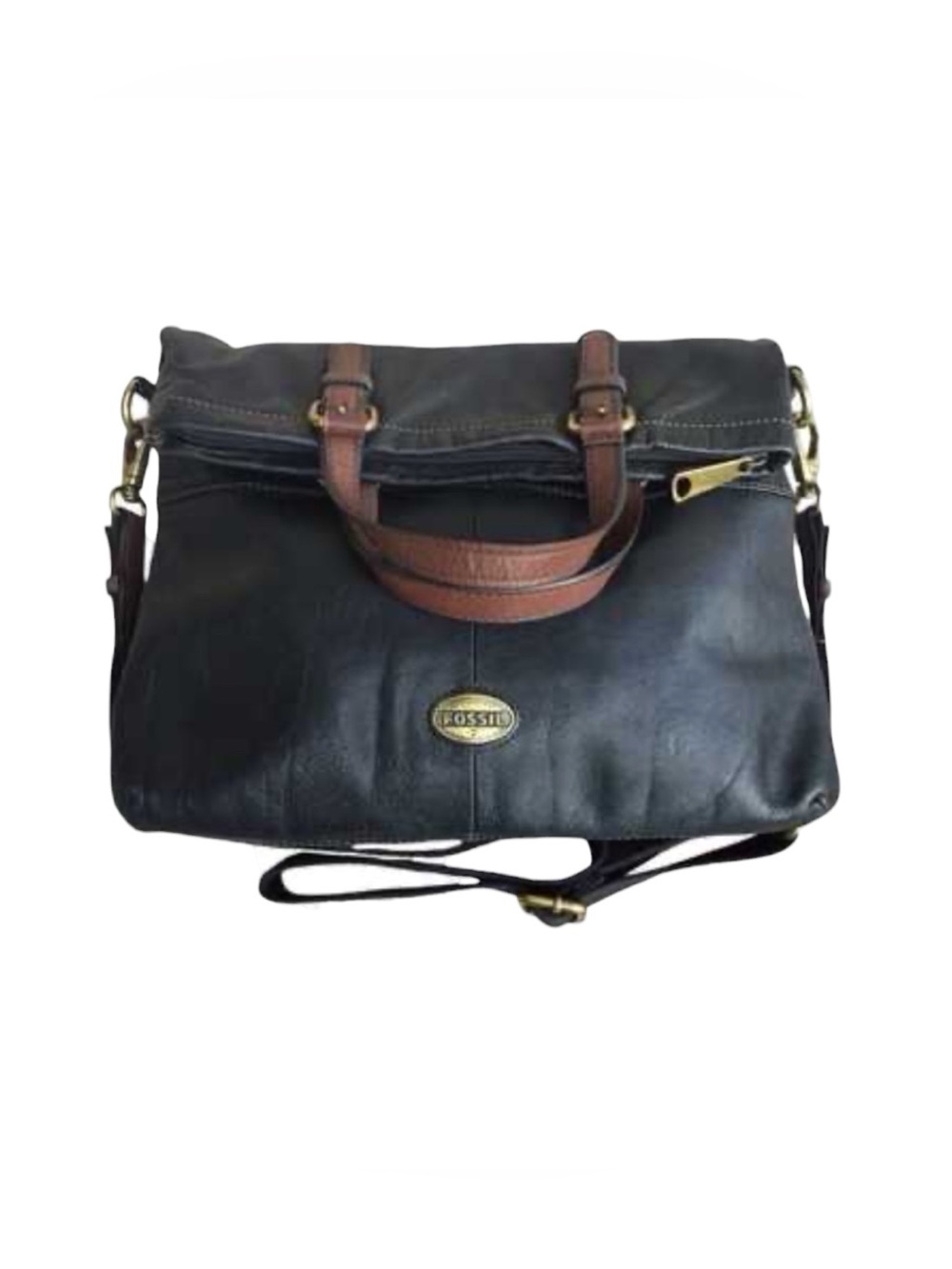 Fossil Explorer Black Leather Messenger Fold-over Convertible Tote Bag